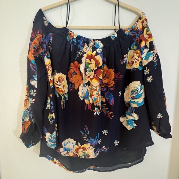 Anthropologie Maeve Tallie Blue Floral Off the shoulder blouse Sz M Cottagecore - Picture 1 of 8